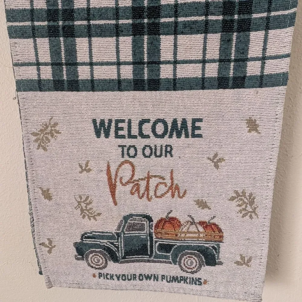 Fall Table Runner Green Plaid, Pumpkin Patch Pickup Truck, 12.75